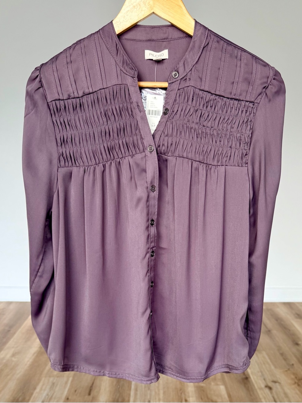 Pilcro Anthropologie Dark Purple Pintuck Smocked Blouse Petite Small NWT